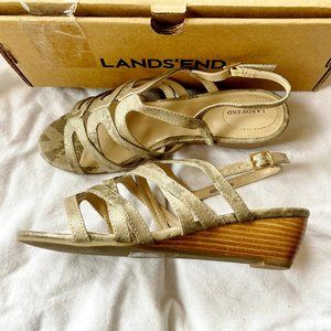 NEW IN BOX Lands End Georgina Low Wedge Sandals Gold Reptile Dress 6.5 Wide